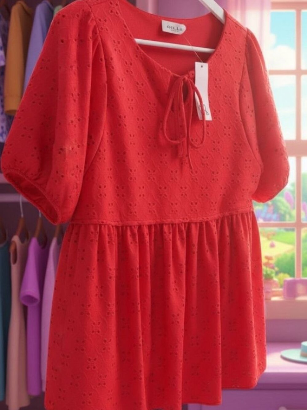 NWT Gilli Red Eyelet Peplum Blouse Women's Size XL Boho Cottagecore Top